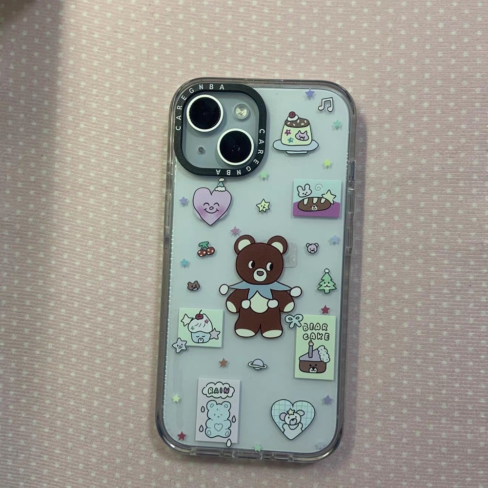 Cute Brown Bear Clear Phone Case with Pastel Stickers - Unbranded